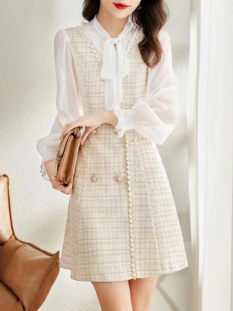 Spring Summer New Bow Slim Mini Casual Dress Women\'s Elegant Chiffon Long Sleeve Patchwork Double Breasted Decorate Dress