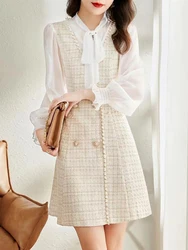 Spring Summer New Bow Slim Mini Casual Dress Women's Elegant Chiffon Long Sleeve Patchwork Double Breasted Decorate Dress