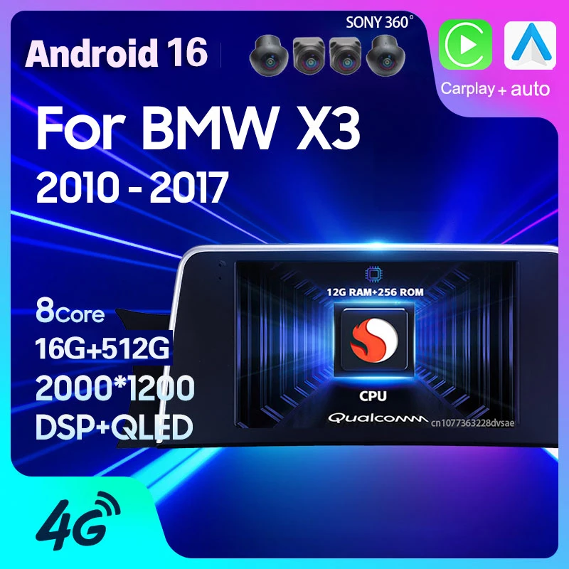 Radio para Auto Android 16 para BMW X3 F25 2010 2011 2012 2013 2014 2015-2017 Carplay Auto GPS Multimedia DVD WIFI+4G Reproductor DSP Estéreo