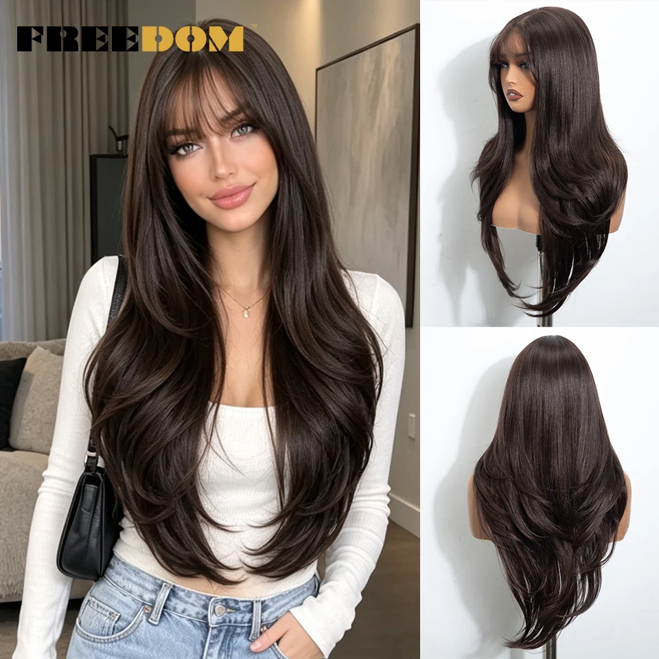 FREEDOM Synthetische Lace-Front-Perücken für Damen, 6x4 Lace-Perücke mit vorgezupfter Haarlinie und Pony, 26 Zoll, Ombré-Braun, einfach aufzusetzen, ohne Klebstoff, für den täglichen Gebrauch. – Detail 1