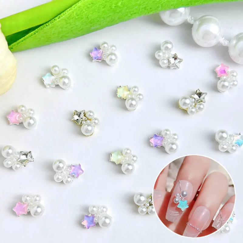 Macaron Star Pearl Pile Diamond Nails Crystal Parts Charms 3D Five-Pointed Star Pearl Combination Nail Figures Decor Rhinestones