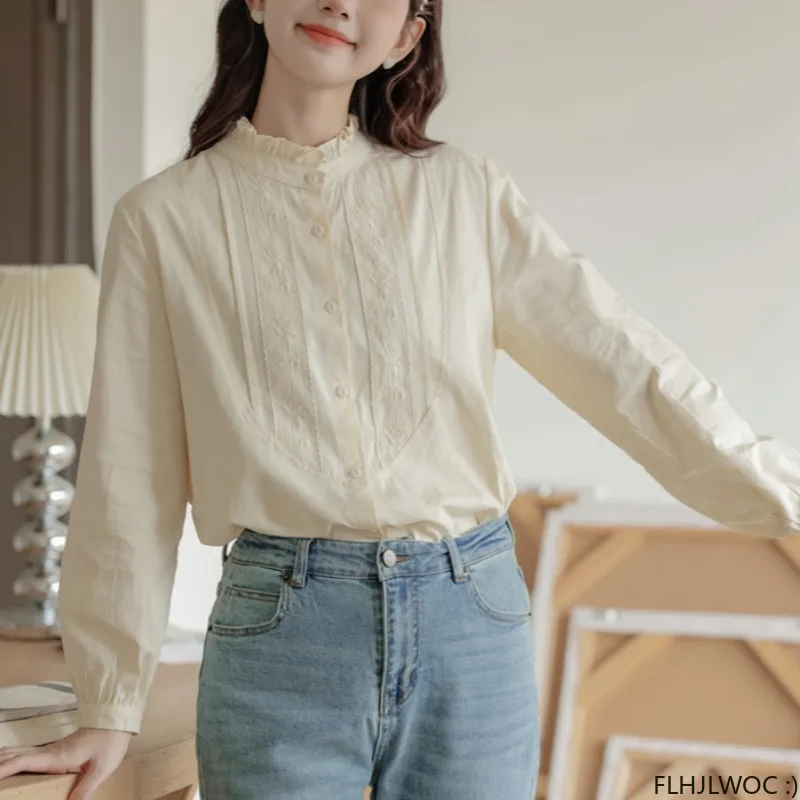 Cotton Chic Korea Cute Basic Shirt Design Women Cute Sweet Japan Girl Vintage Retro Stand Collar Ruffles Tops Blouse 2024 Autumn