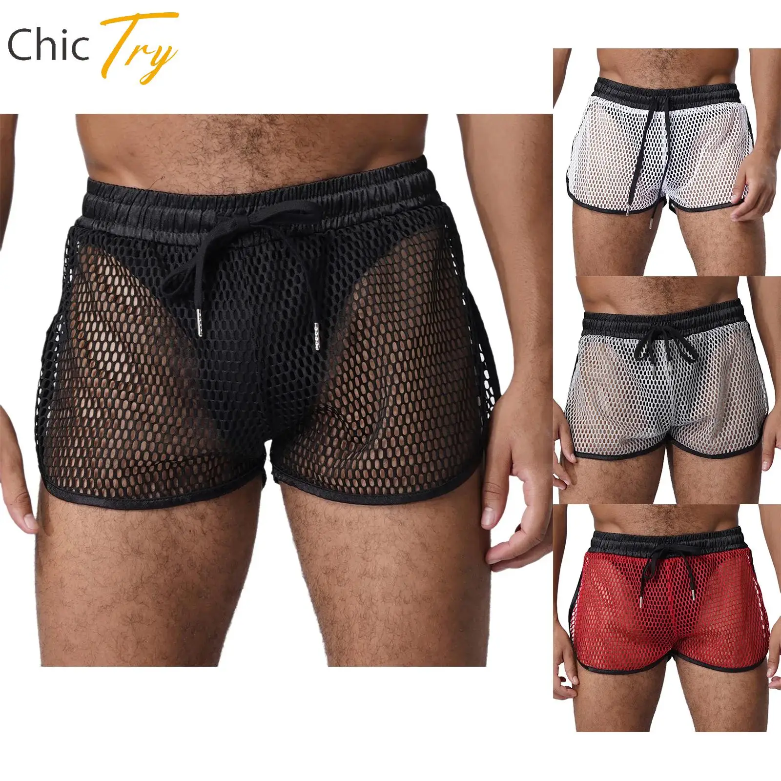 

Mens Gym Workout Beachwear Hollow Out Mesh Stretchy Shorts Drawstring Contract Trim Sides Split Athletic Shorts with Back Pocket