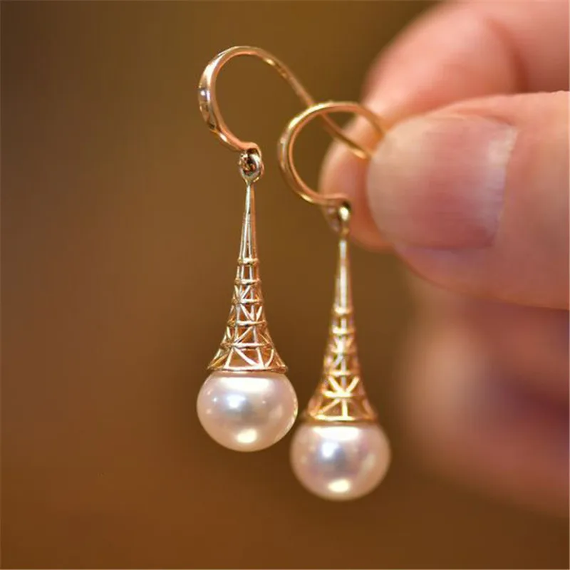 Elegant Fashion 14k Gold Filled Pagoda Dangle Earrings For Women Inlaid Imitation Pearl Drop Earring Wedding Bride Jewelry