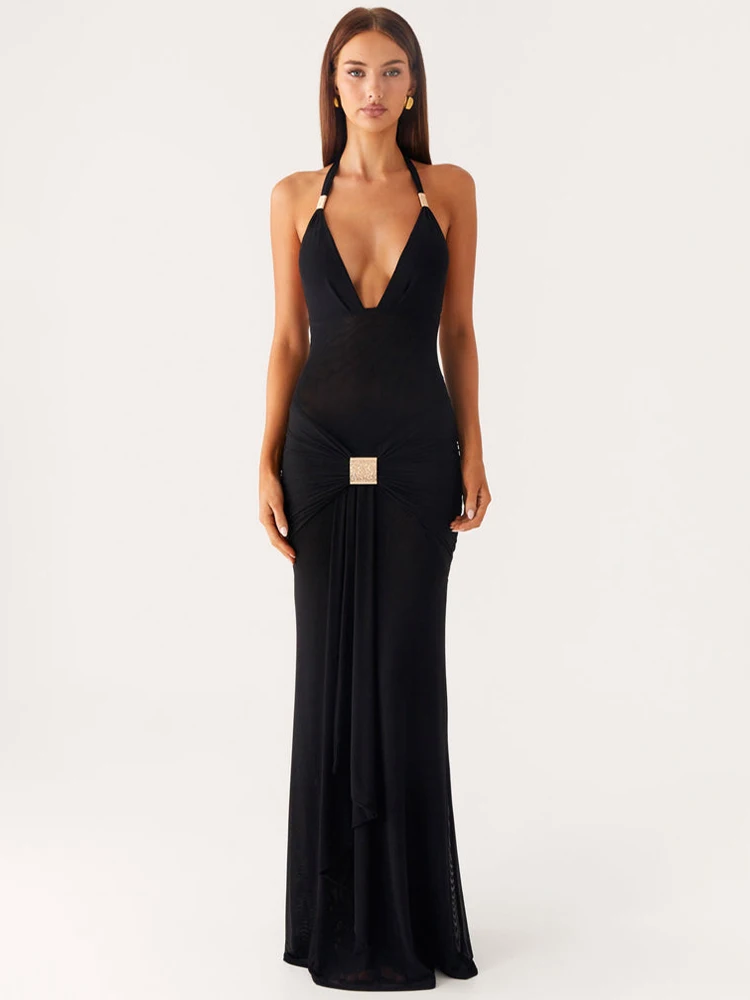 Blifanbo Deep V Neck Halter Sexy Maxi Dress Women Elegant Backless Lace-up Sleeveless Ruched Bodycon Fashion Club Party Dress