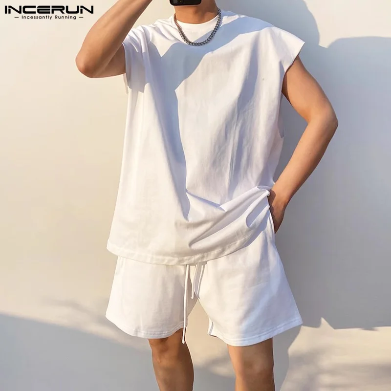 INCERUN Men Sets Solid Color O-neck Sleeveless Tank Tops & Shorts 2PCS Summer Loose Streetwear 2024 Fashion Men\'s Casual Suits