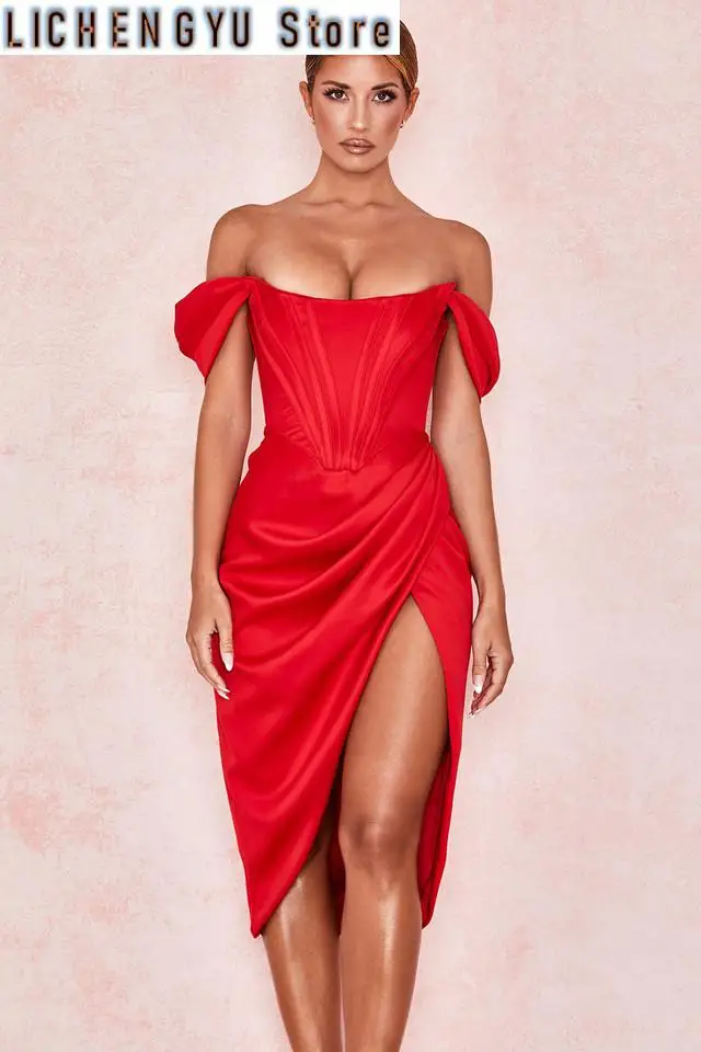 

New High Quality Satin Bodycon Dress Women Party Dress Arrivals Midi Bodycon Dress Sexy Celebrity Evening Club Dress