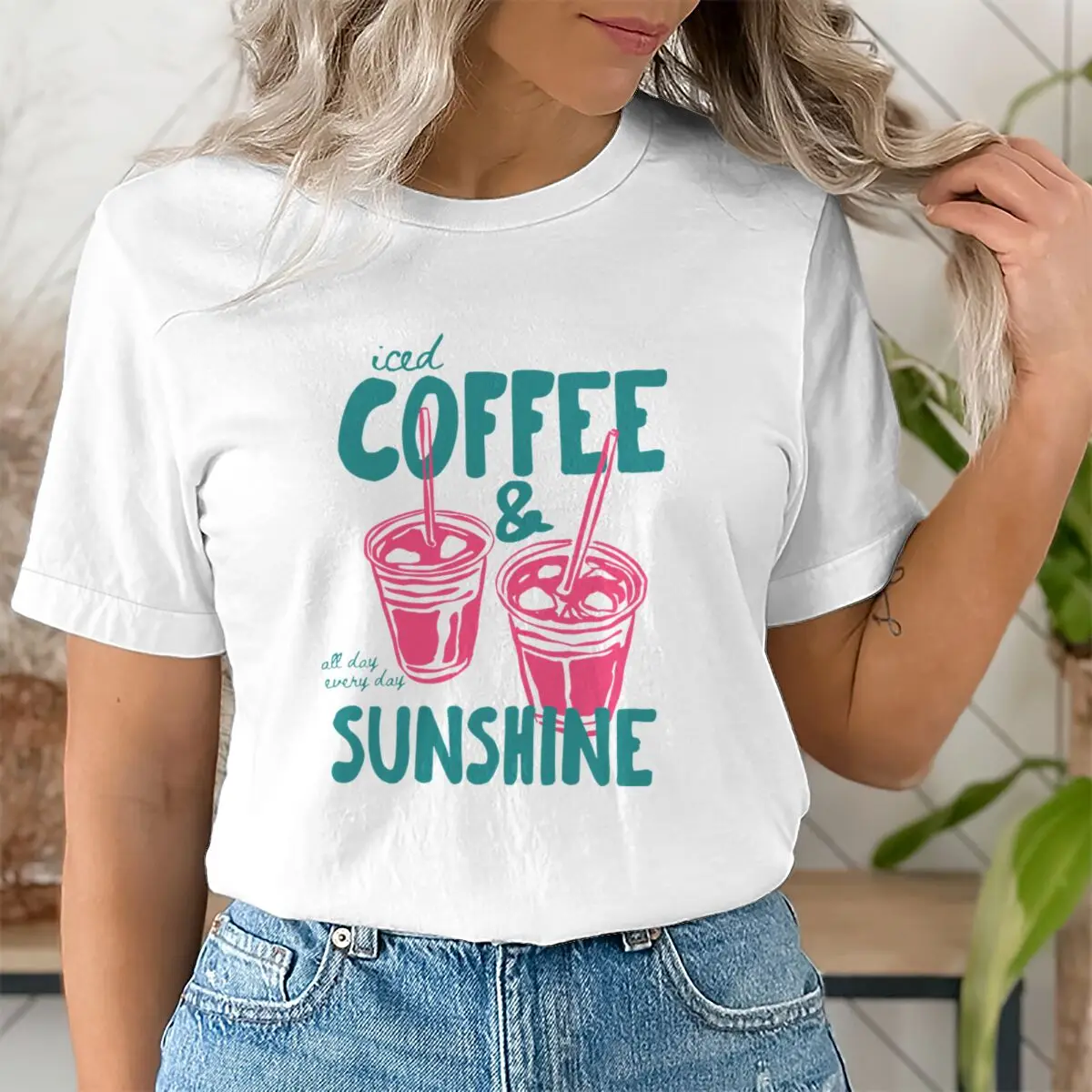 Iced Coffee and Sunshine T Shirt Women Coffee Lover Summer Graphic Tee Funny Vacation Short Sleeve T-shirts Casual Tops