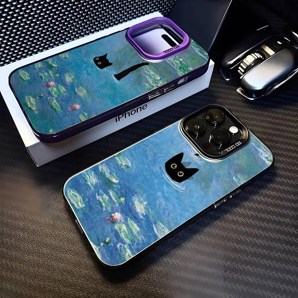 

Cute Black Cat Invade Classic Oil Painting Phone Case For iPhone 16,15,14,13,12,11,Mini,Pro,MAX Purple Matte Shockproof Cover