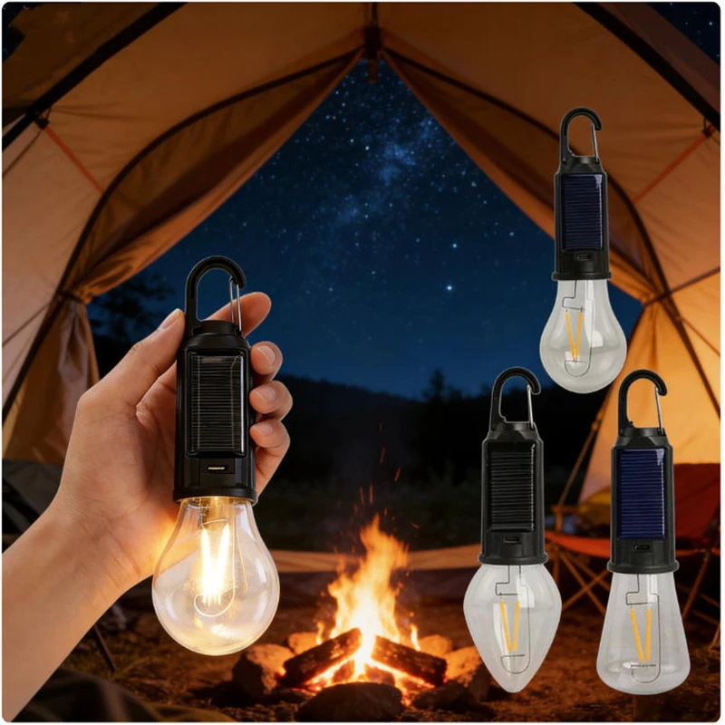 Solar Light Bulb for Outdoor Portable Waterproof Tent Lights with Clip Hooks Rechargeable Solar Tent Light for Outdoor Camping