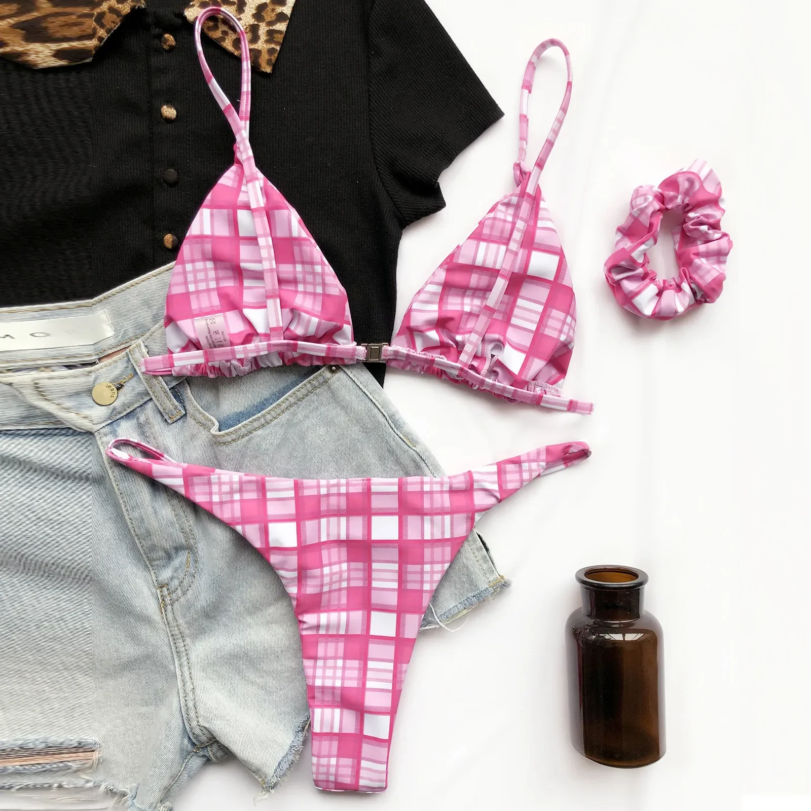 Costume da bagno bikini da donna con stampa scozzese, tre pezzi, scollo a V, reggiseno push up, costumi da bagno senza schienale, costumi da bagno a vita alta, perizoma elasticizzato