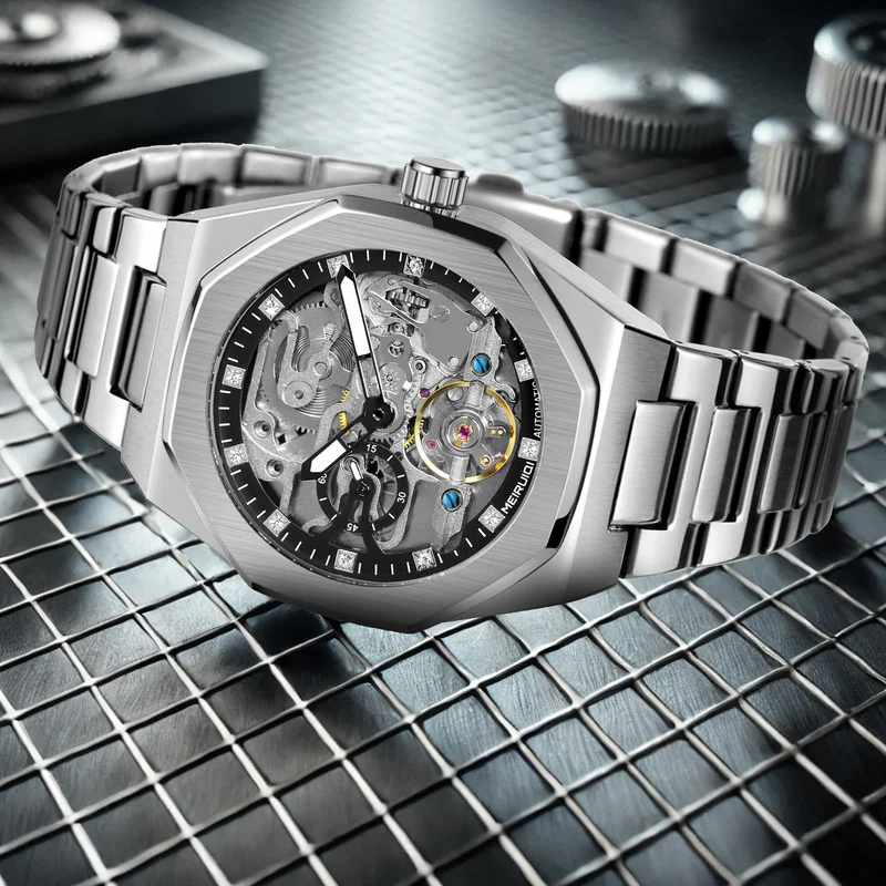 A men's silver black minimalist style novel fully automatic polygonal mechanical watch