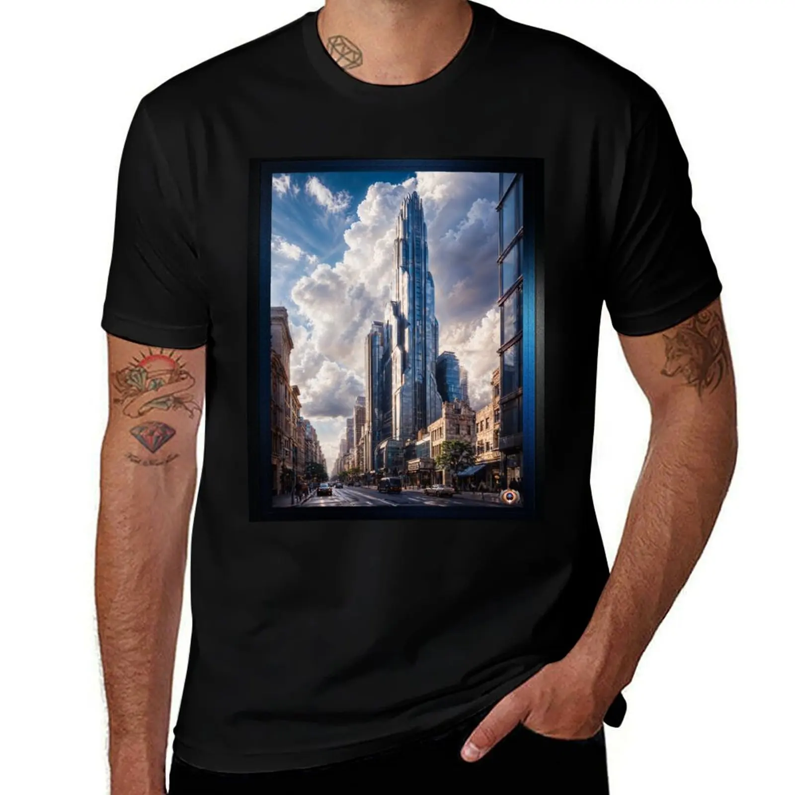 

An Art Deco Futuristic Skyscraper Towering Over Cityscape Beautiful AI Concept Portrait Art by Xzendor7 T-Shirt