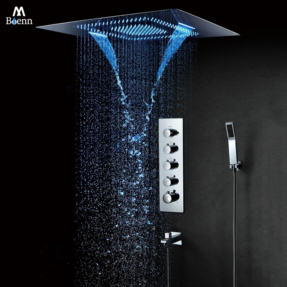 

M Boenn 23 × 31 дюйм Большая дождевая черная насадка для душа Матовое золото Большая душевая система Умный термостатический смеситель Набор смесителей для ванной комнаты