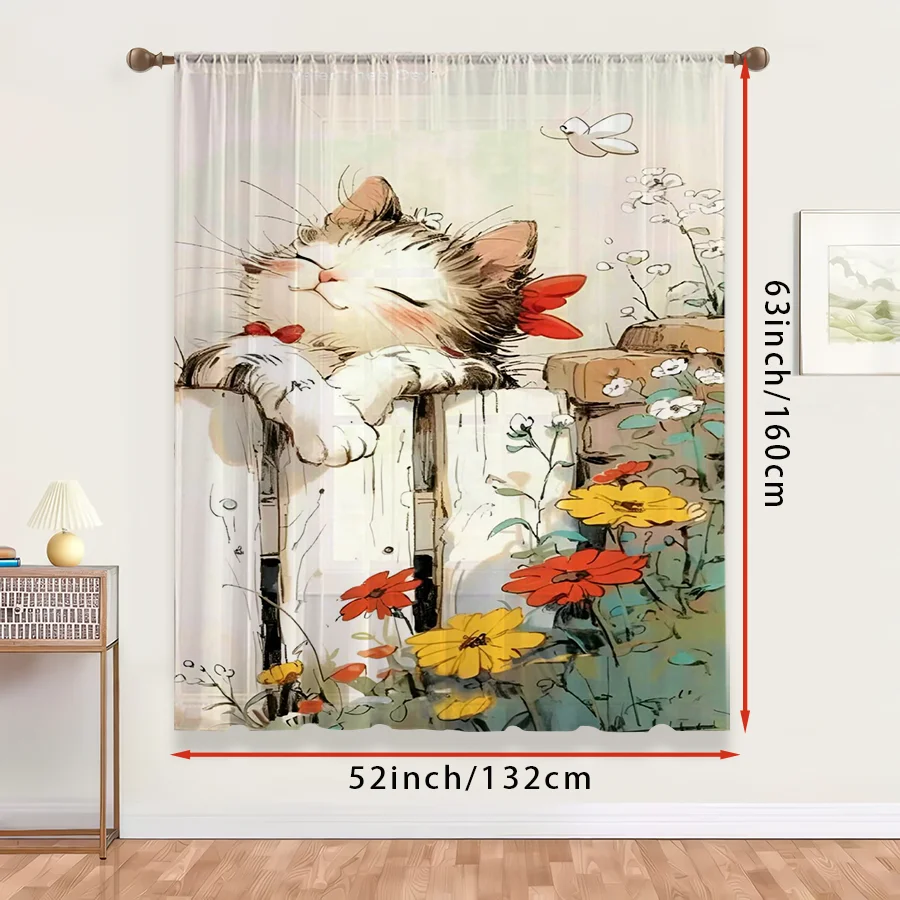 1PC Sheer Curtain Cute Cat Garden Fence Flower Print, Rod Pocket Window Curtain for Living Room Cat Lover Decor