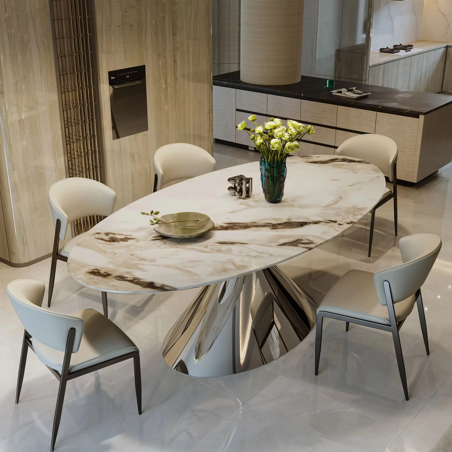 

！@Natural Marble Dining Table Coffee Table Oval-shaped with a Light Luxury Flying Saucer Base, Suitable for Hotel Apartment