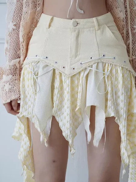 High Waist Sexy Skirts Girls, Japanese Harajuku, Gothic, Irregular Light Yellow Color, Splicing, Kawaii, Hot Fashion, New
