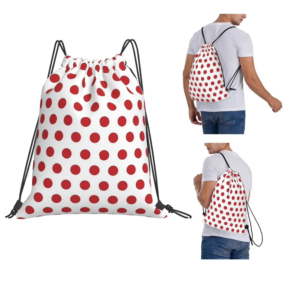 Red Polka Dot On White Backpacks Fashion Drawstring Bundle Pocket Shoes Bag Book Bags for Travel School
