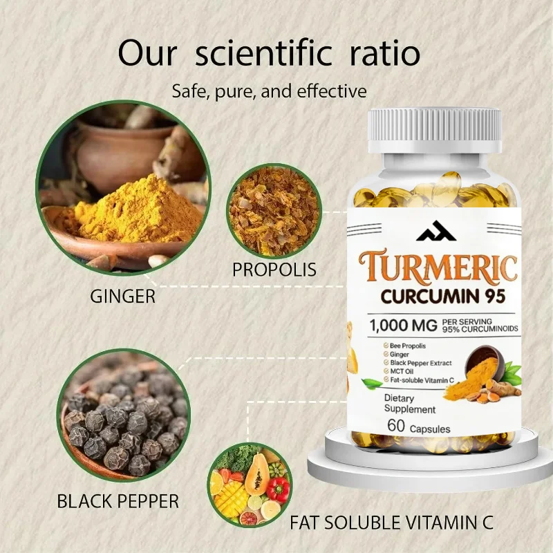 1000mg turmeric curcumin supplement contains 95% curcumin, propolis, ginger, MCT oil, vitamin C, and black pepper -60 capsules