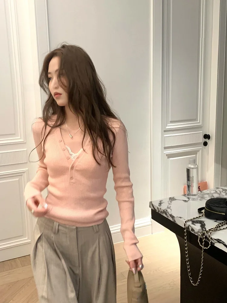

Pink Knitted Base Shirt Women's New Early Autumn Outerwear Slimming V-Neck Top Inner Match Sweater Spring Winter T