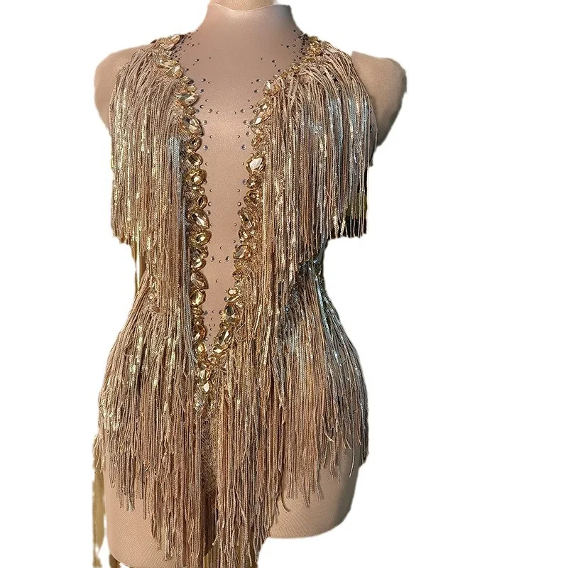 Birthday Costume New Champagne Sexy Tassel round Neck Short Luxury Even Electronic Music Festival Stage Performance