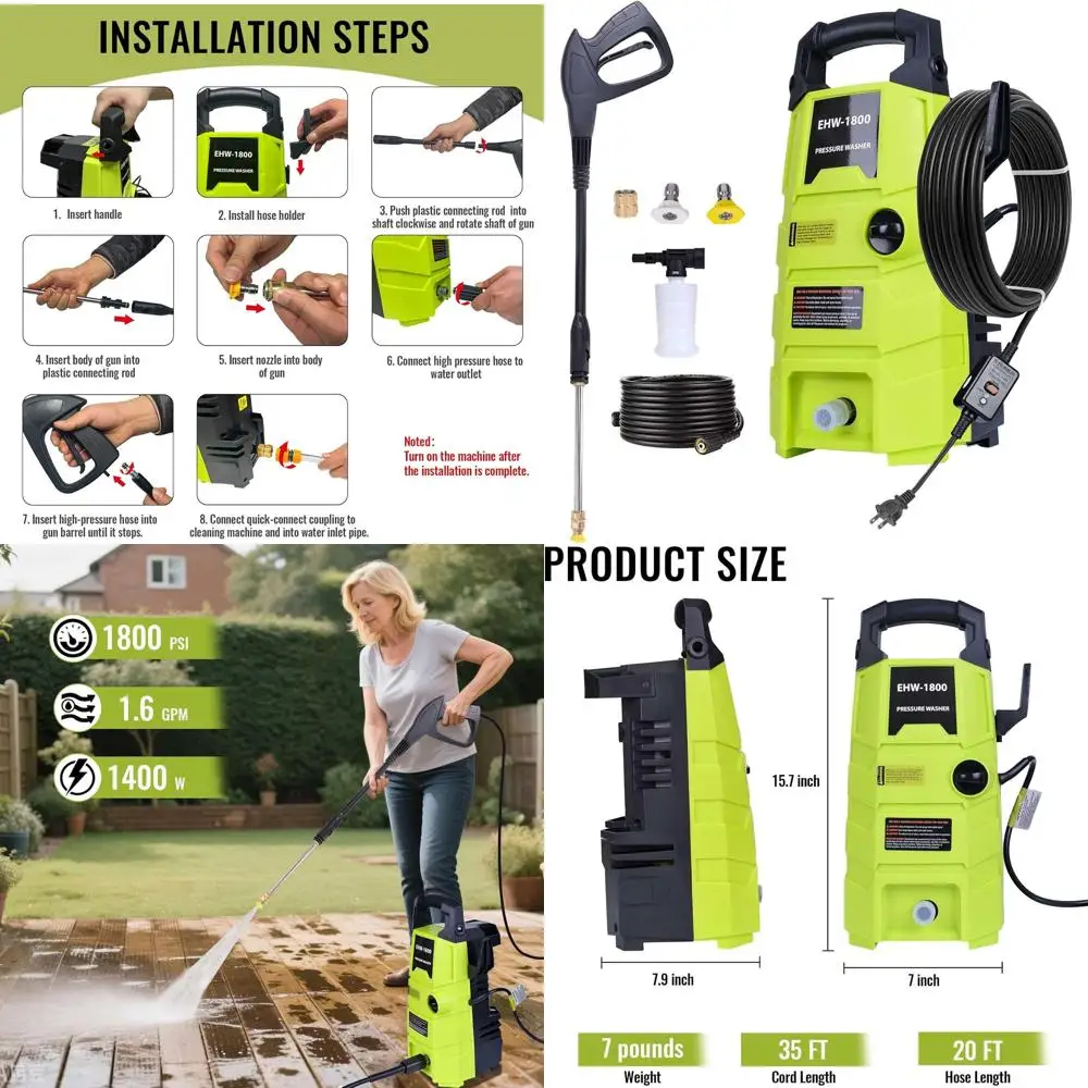 

Портативная мойка высокого давления 1800PSI с 20-футовым шлангом, 35-футовым кабелем, 2 насадками и бутылкой для моющего средства объемом 0,4 л для очистки подъездных путей, патио и гаражей.