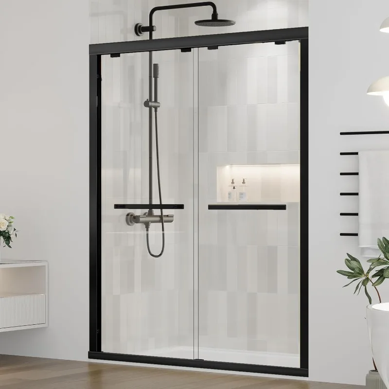 57-59" W X 75" H Semi-Frameless Bypass Double Sliding Shower Door, Glass Shower Door, 1/4" (6 Mm) SGCC Clear Tempered Shower