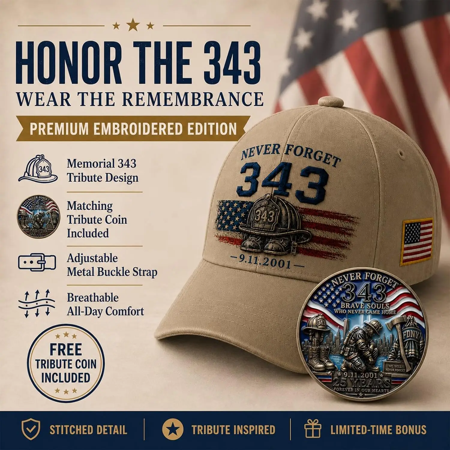 Custom Never Forget 343 Memorial Cap, 9/11 Firefighter Tribute Baseball Hat Get the Matching Tribute Coin Honor Gift for Men