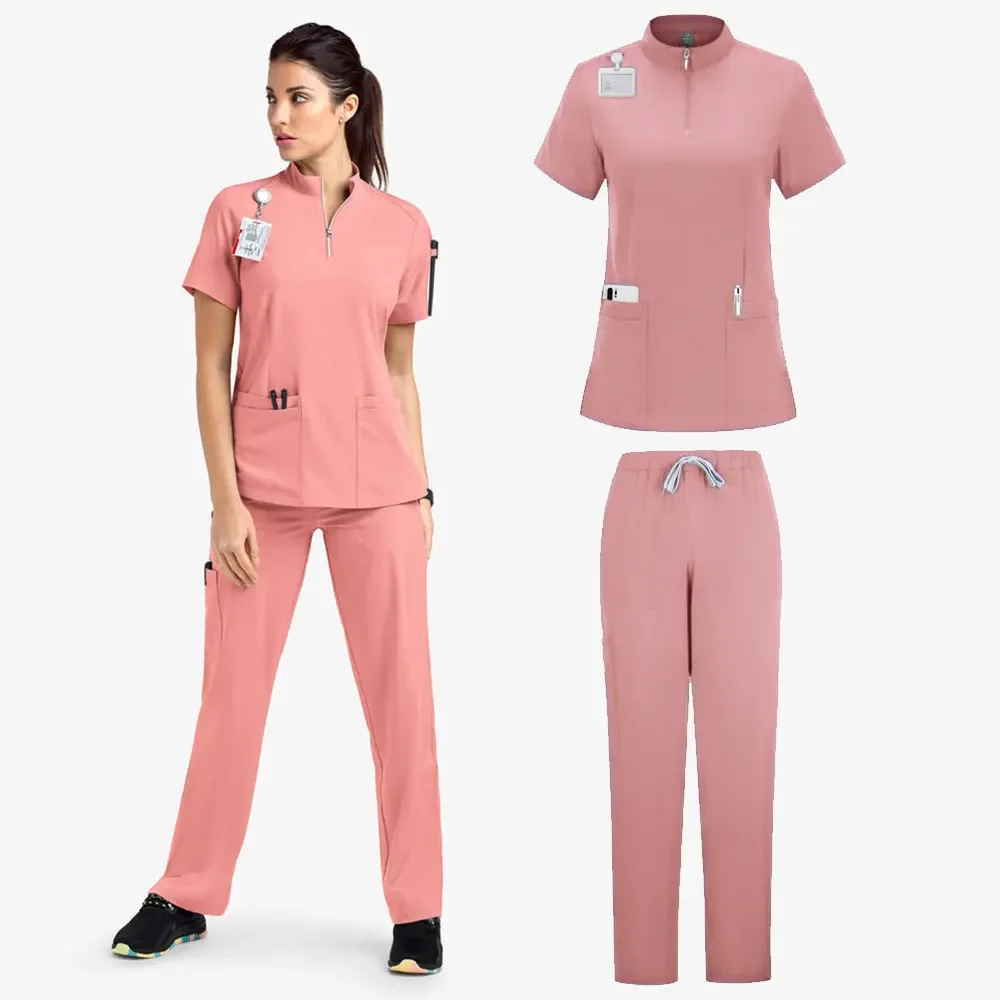 Waskleding Dames Zomer Bedieningskleding met korte mouwen Casual opstaande kraag Rits Top Schoonheidssalon Medico Verpleegstersuniform