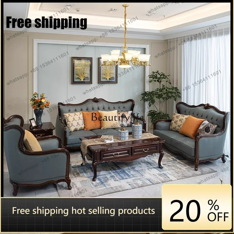 Factory Direct  Walnut solid wood leather sofa American living room new furniture high-end luxury