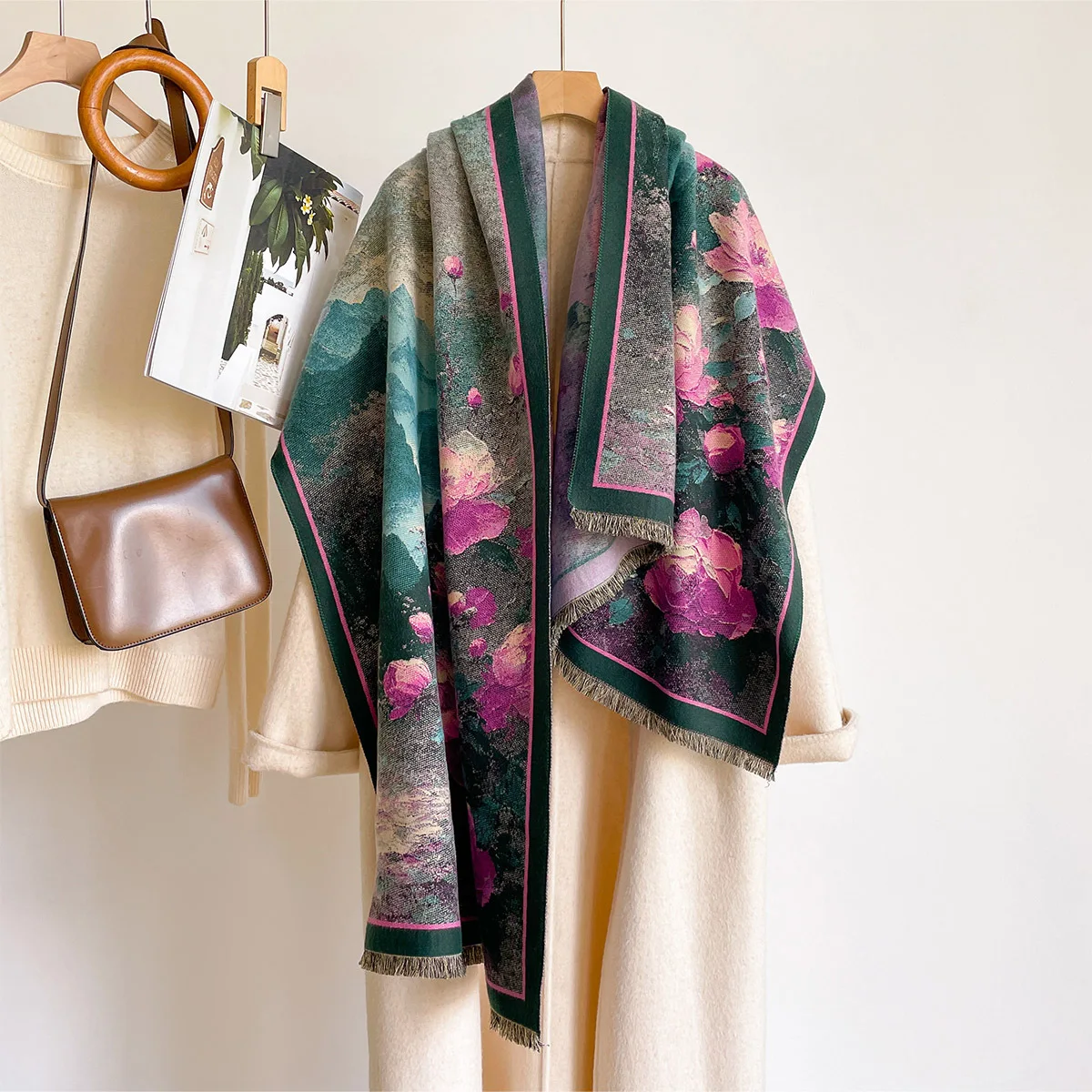 New Oil Painting Scarf Autumn Winter Thick Warm Scarf Women Imitation Cashmere Stoles Tassel Soft Neckerchief Scarves Shawl Wrap