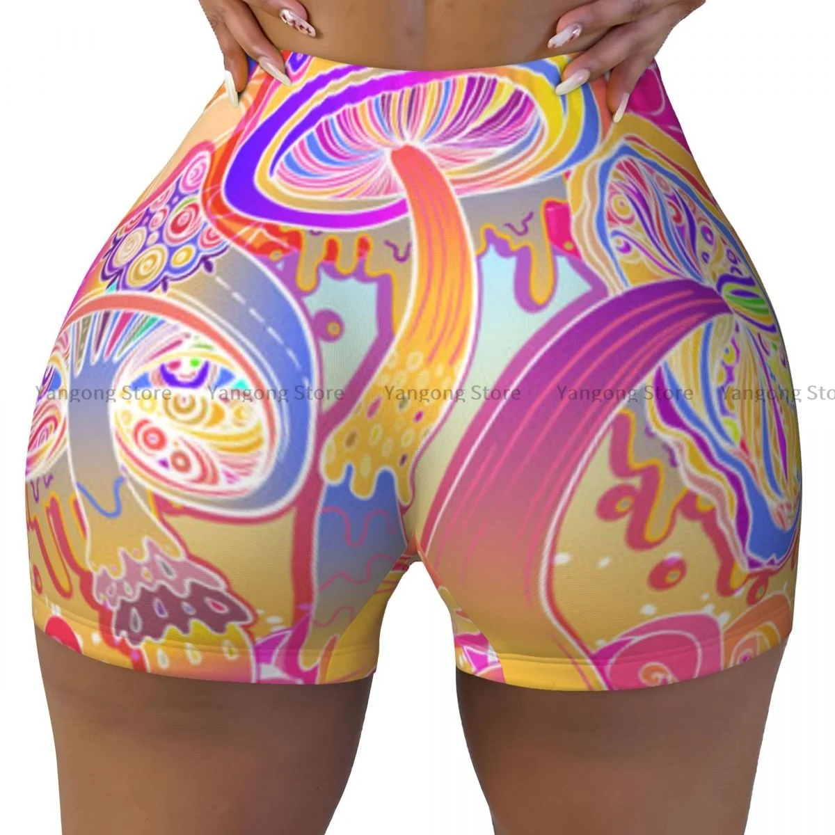 

Spandex Yoga Shorts for Women Magic Mushrooms Psychedelic 60s Hippie Art Workout Booty Shorts