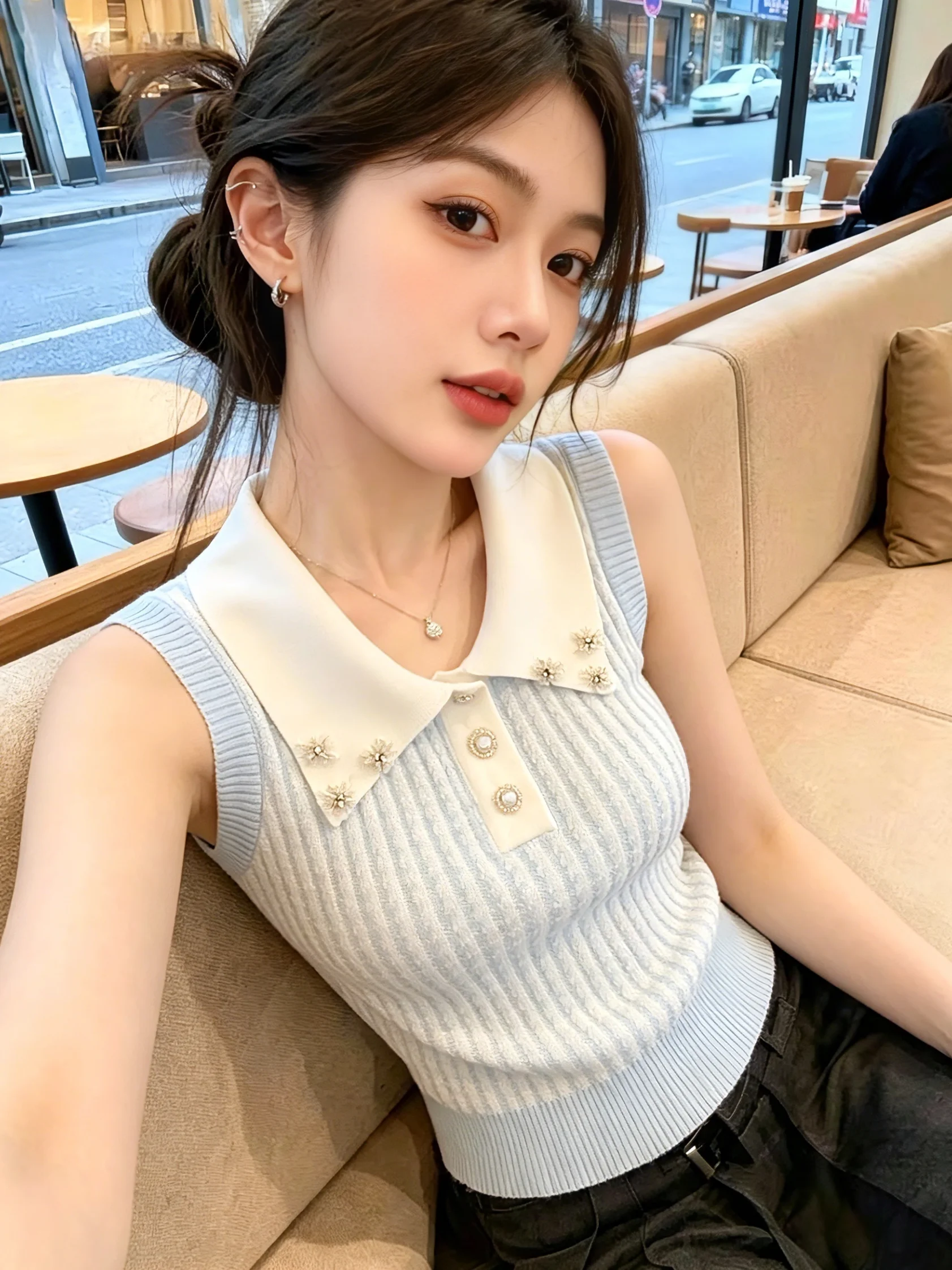 

Summer New Sweet Match All Match Neck No Sleeve Knitted Vest Women's Self Kept Pearl Embellished Korean Style Slim Fit Top