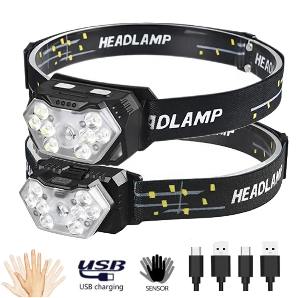 Headlamp USB Rechargeable Motion Sensor Waterproof Head Lamp with White Red Light for Camping Cycling Fishing Flashlight