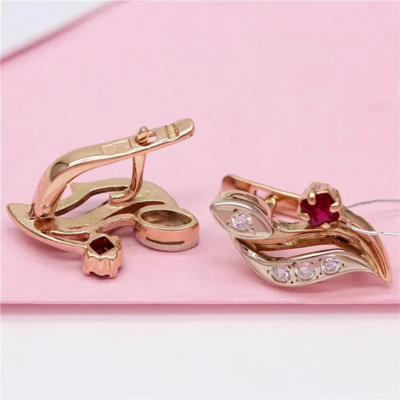 585 Purple Gold Crystal earrings for women Creatively Inlaid Red Gem stud earings Fashion Plated 14K Rose Gold Jewelry