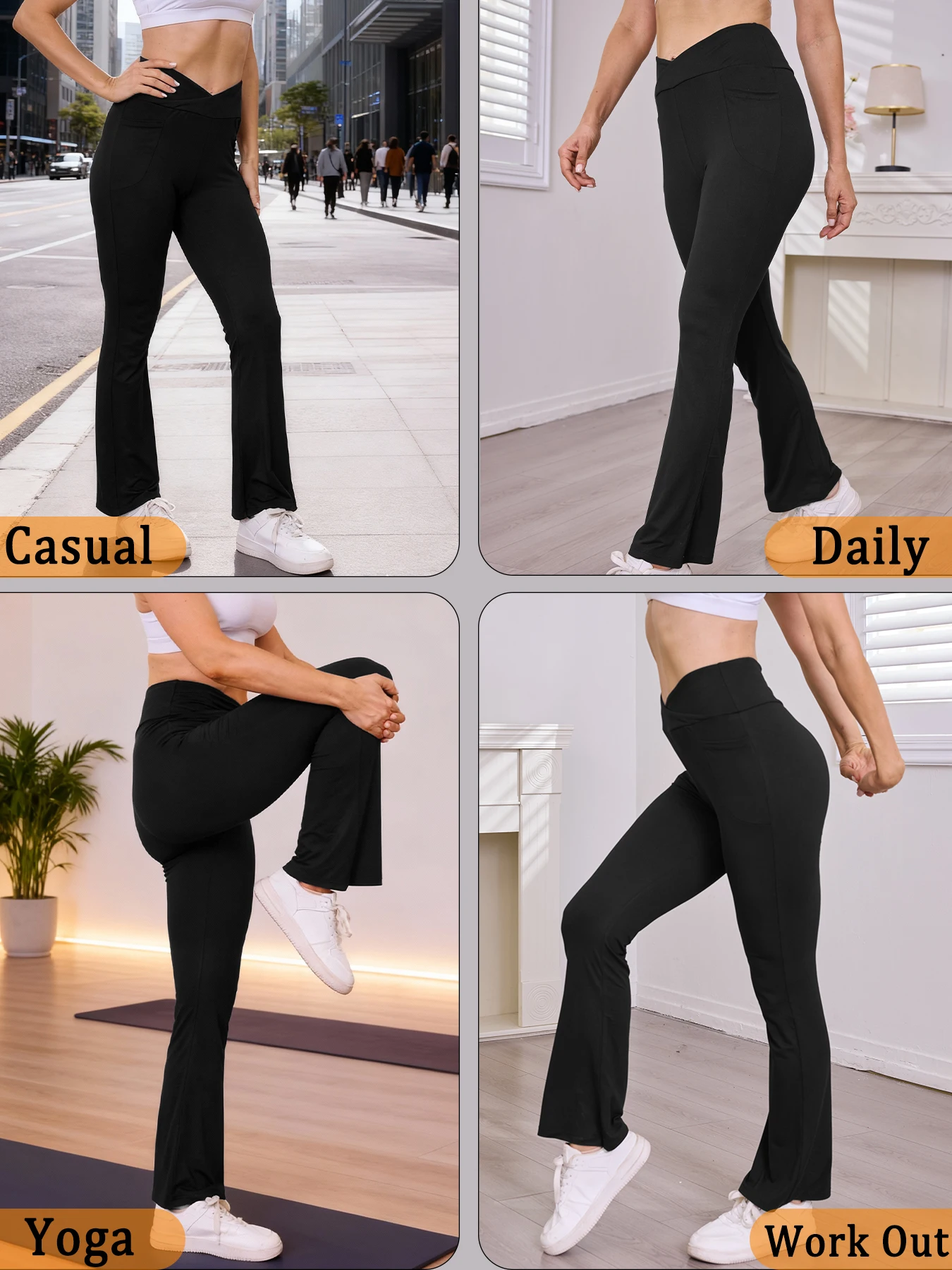 Legging feminina super macia crossover cintura alta com bolsos, calças de sino para ioga com controle de barriga