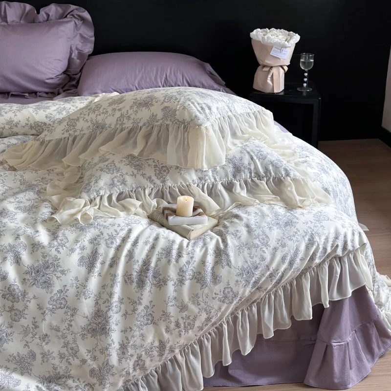 Vintage Style All Cotton Soft Four Piece Set with Floral Printing, Pure Cotton Lotus Leaf Lace Quilt Cover, 1.8m Bedding