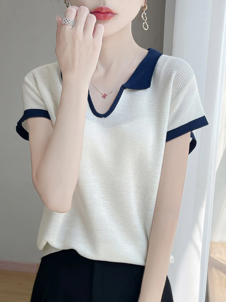 Estate 2025 T-shirt da donna in maglia ort Sve vestibilità ampia sottile traspirante V-Ne Color Blo Casual versatile top dimagrante