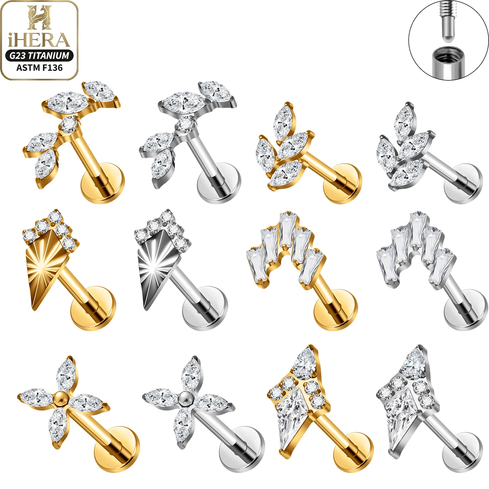 ASTM F136 Titanium Leaf Marquise CZ FlatBack Ear Piercing Sparkly Sunburst Baguette Crown Labret Helix Tragus Conch Stud Jewelry