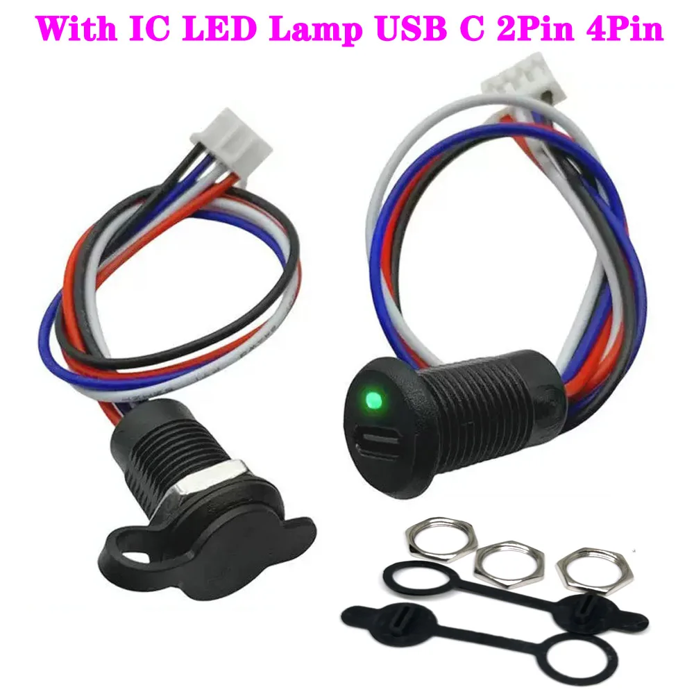

With IC LED Lamp USB C 2Pin 4Pin high current charging socket with nut snap lock plate TYPE-C Female Waterproof Connector Jack