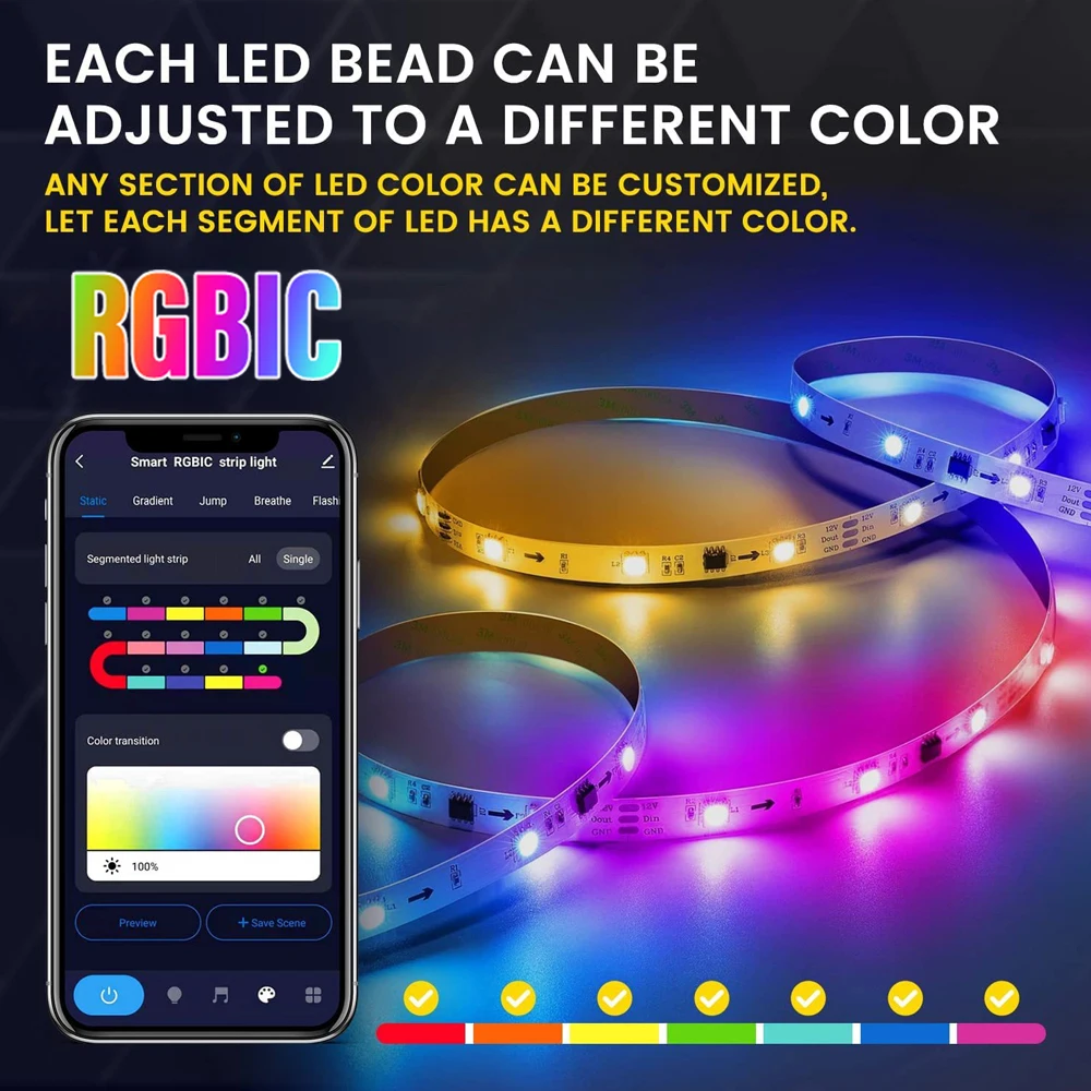 Smart LED Light Strip USB  5050RGBIC APP Segmented Color Control Music Sync Suitable for Bedroom TV Backlight Ceiling Game Room