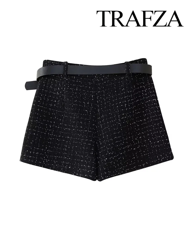 TRAFZA Summer Fashion Women Shorts Black Plaid High Waist Belt Decoration Culottes Female High Street Asymmetrical Short Pants