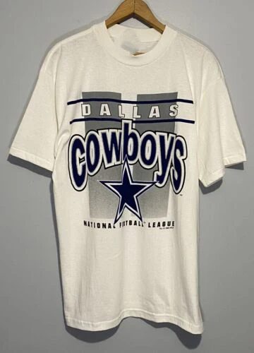 Camiseta vintage NFL Dallas Cowboys Futebol Masculino Tamanho L Azul Impressão gráfica 90s Camisetas gráficas