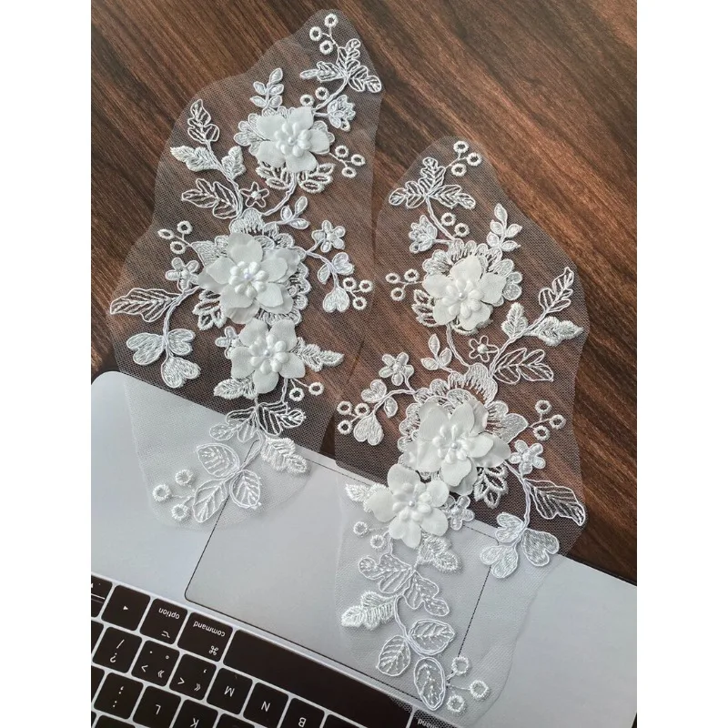 3 Pairs/lot White Beaded Lace Applique 3D Embroidery Floral Trim DIY Sewing Dress Accessories