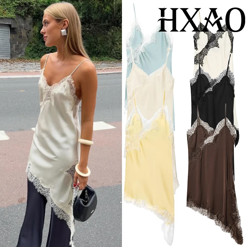 HXAO 슬립 여성 드레스 민소매 블랙 레이스 드레스 여성 비대칭 우아한 파티 드레스 섹시한 백리스 새틴 옐로우 드레스