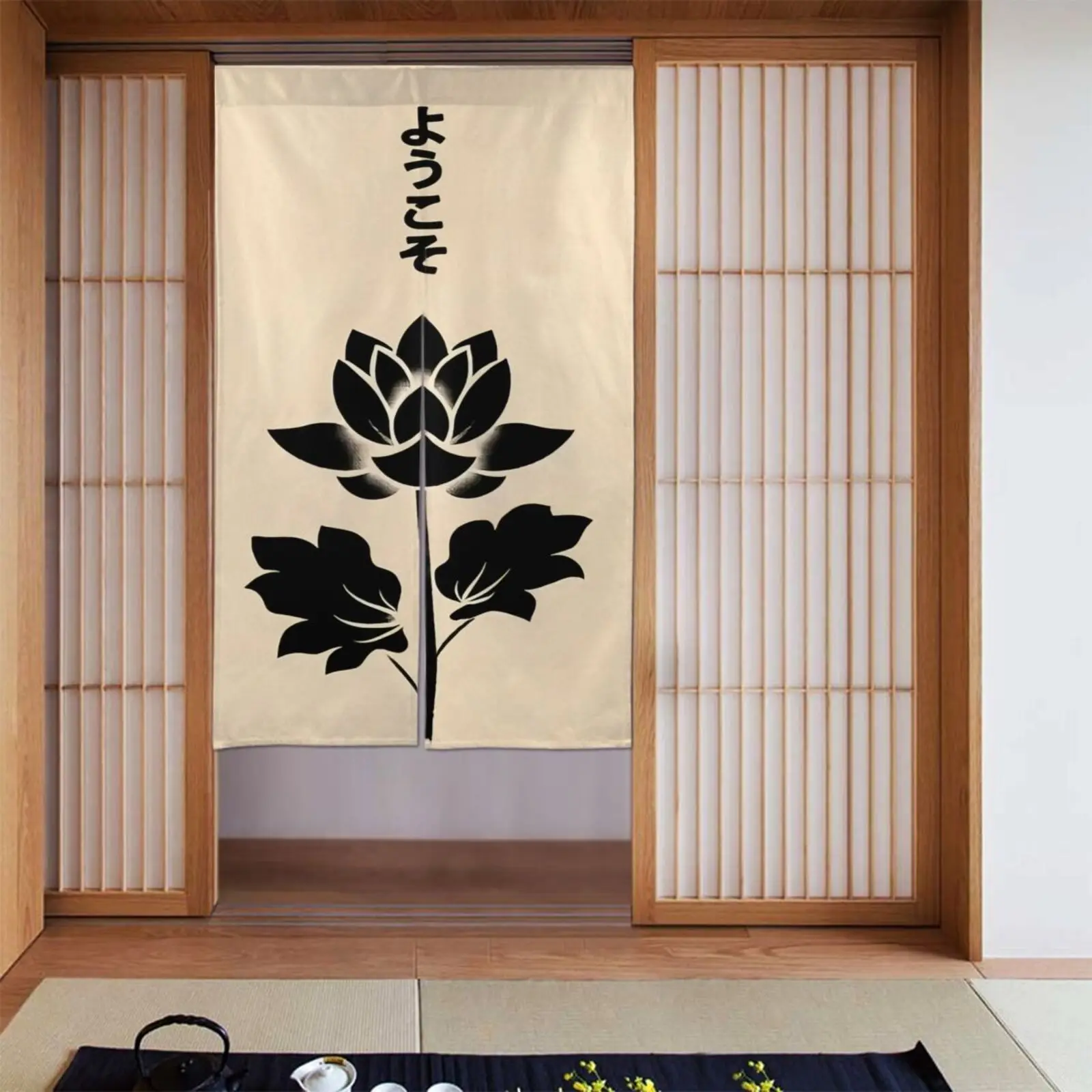 Japanese Style Welcome Door Curtain Screen Panel with Lotus Flower Motif Traditional Noren Room Divider Hanging Decoration