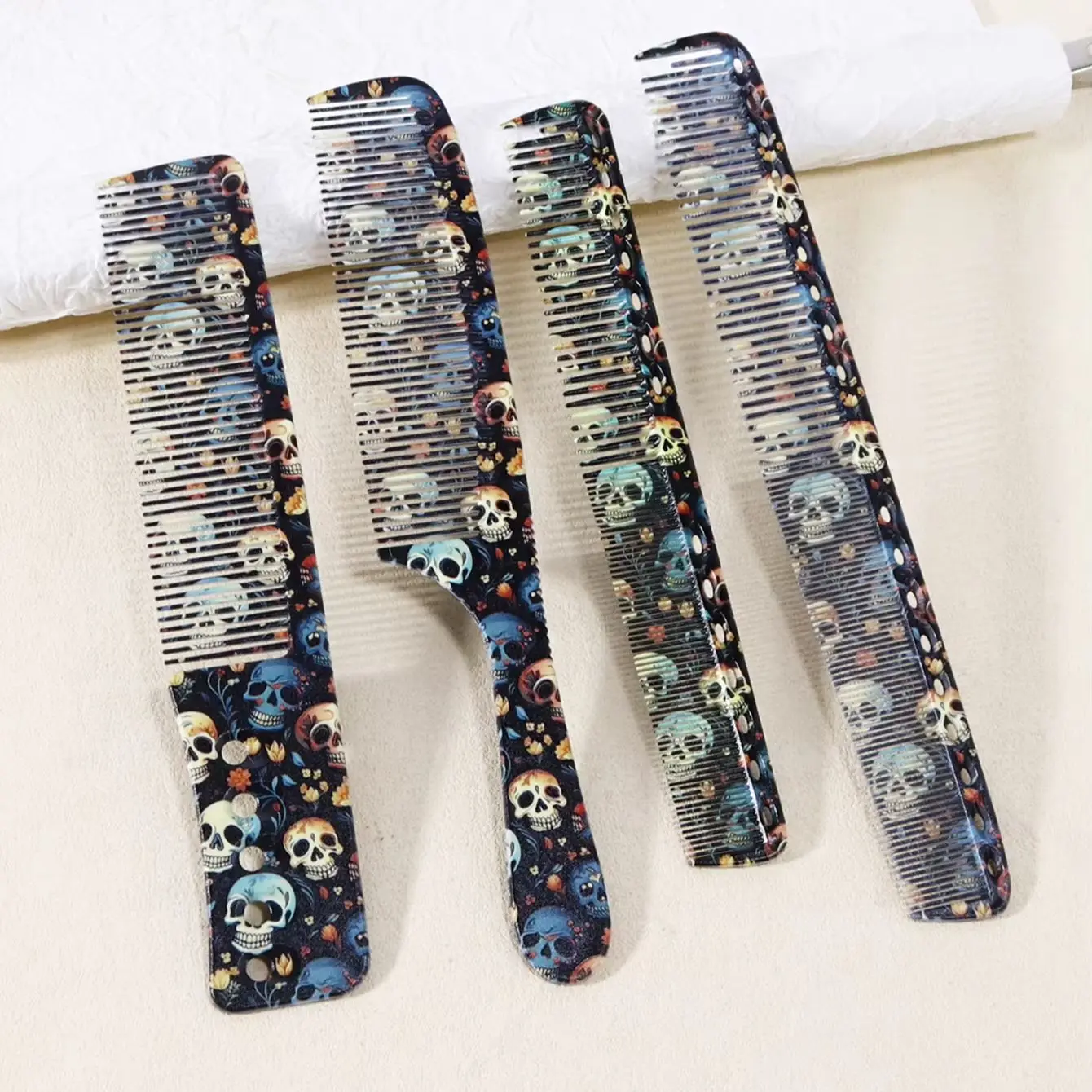 Professional hair comb set, skull print pattern, 4pcs hair styling comb, anti-static and smooth, special for real hair wigs
