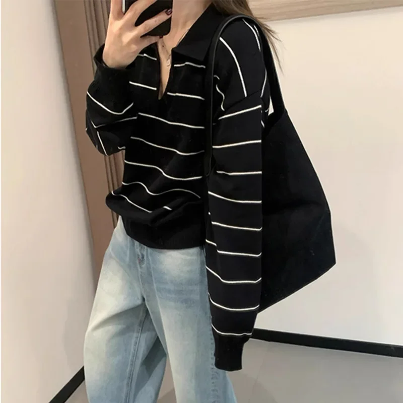 

Overhead Sweatshirt Casual Elegant Loose Women's Polo Neck Knitted Sweater White Stripes Wool Blend Base Layer Lazy Style