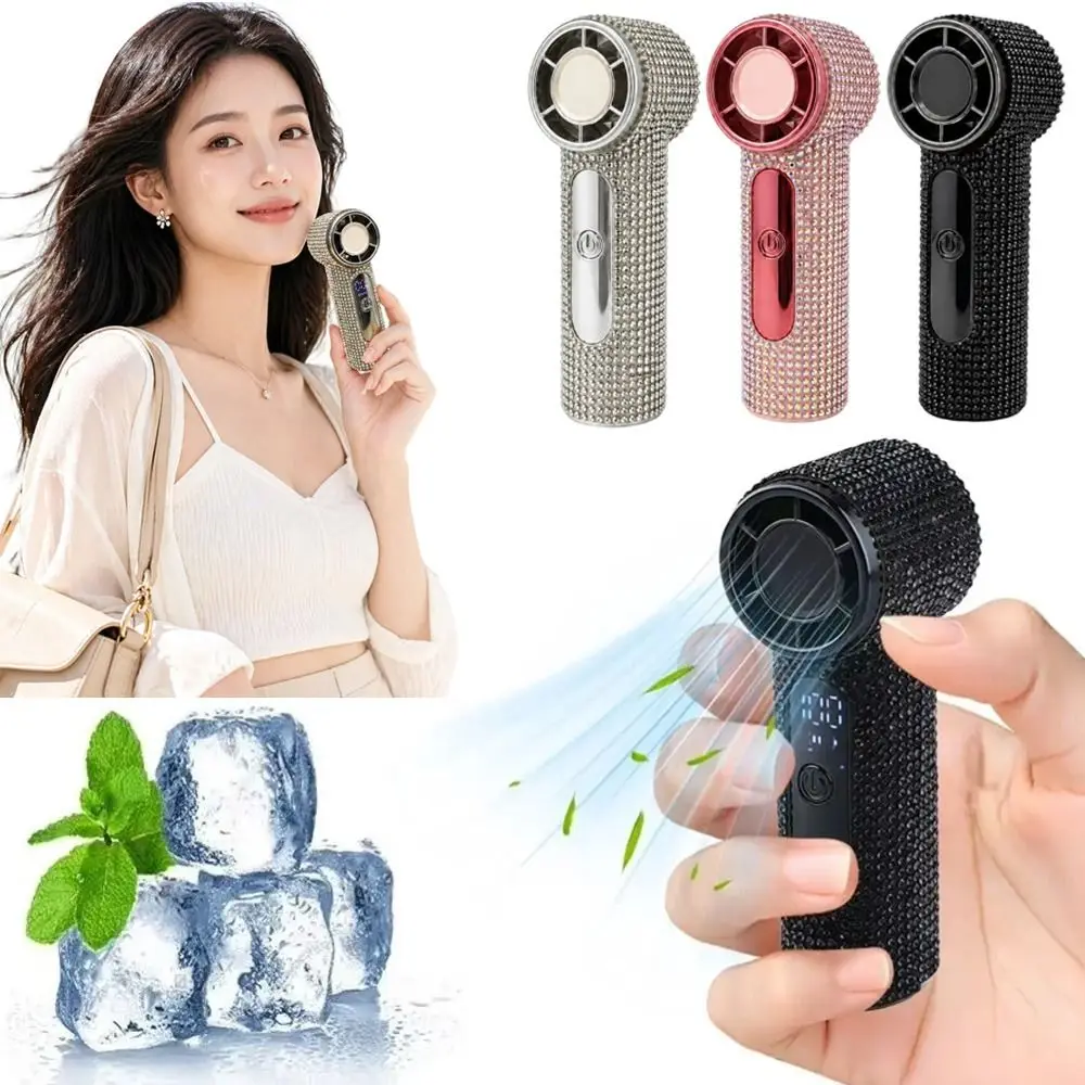 Digital Display Rhinestone Handheld Fan Long-Lasting Sparkling Mini Cooling Fan Quiet Operation USB Rechargeable