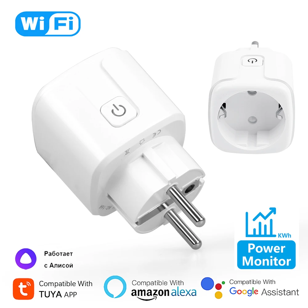 Tuya Smart Plug WiFi EU Universal 16A With Power Monitor Remote Timing Socket Outlet Works With Yandex Alice, Alexa, Goole Home